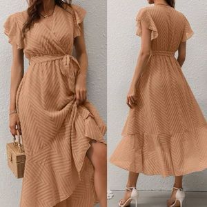 Jacquard Butterfly Sleeve Ruffle Hem Belted Dress